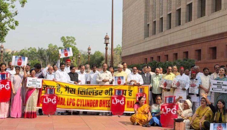 INDIA alliance protests LPG price rise in Parliament